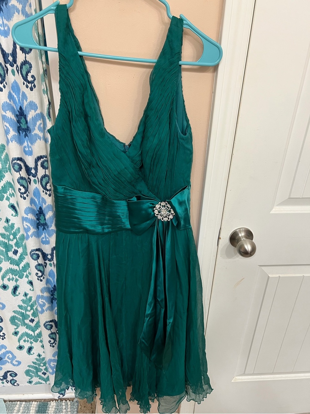 Tadashi Shoji Teal V-Neck Sleeveless Midi Dress with Satin Sash